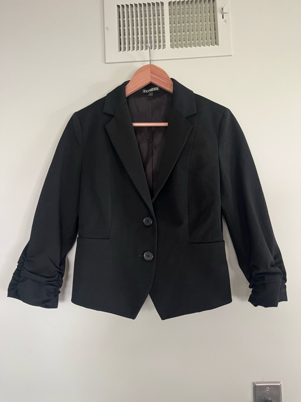 Express Black Ruched-Sleeve Two-Button Blazer
